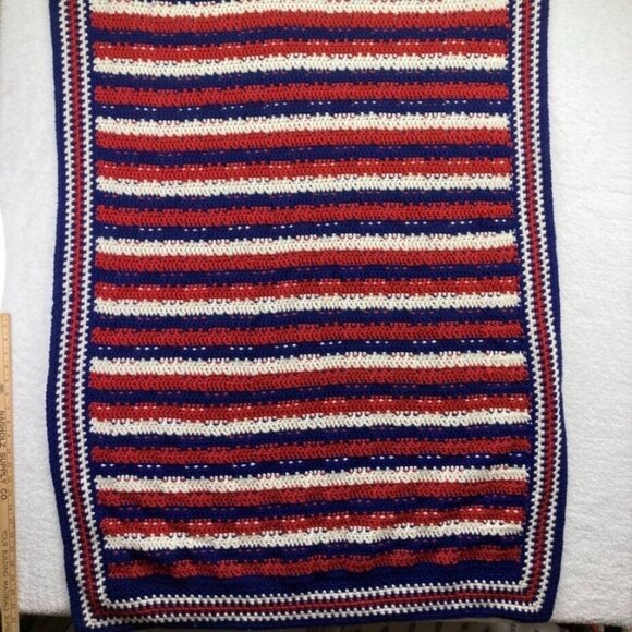 Vintage Crocheted Afghan 54" x 38"Throw Blanket Patriotic Red White Blue - Picture 6 of 11